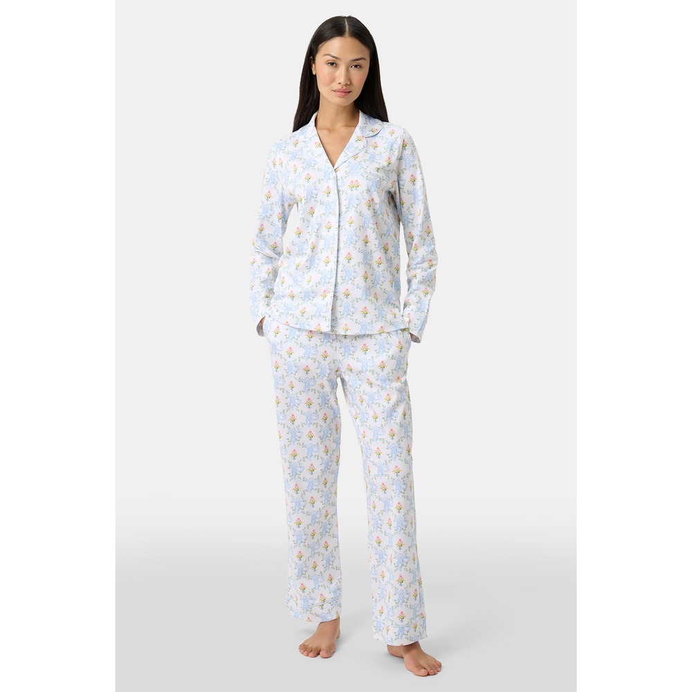 Roller Rabbit Floral Monkey Trellis Long Sleeve Polo Pajamas Size LBLUE / L